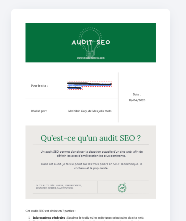 Rapport PDF structuré et pédagogique avec plan d'action priorisé remis à la suite d'un audit SEO